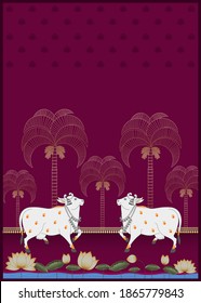 A Beautiful Asian White Cow Pichwai Painting with Dark Pink Background for Interior Wall Decoration