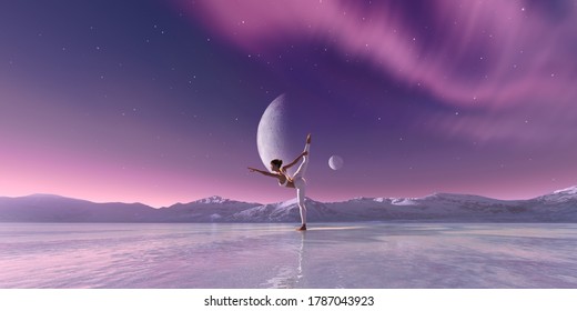 Beautiful aurora universe with milky way, and meditating woman in yoga pose_3d rendering image - Powered by Shutterstock