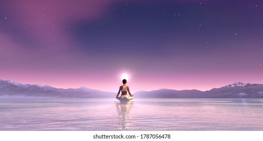 Beautiful aurora universe with milky way, and meditating woman in yoga pose_3d rendering image - Powered by Shutterstock