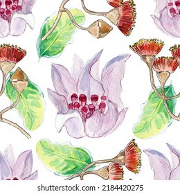 Beautiful Australian And New Zealand Flowers.  Watercolour Drawing Fashion Aquarelle. Seamless Background Pattern. Fabric Wallpaper Print Texture.