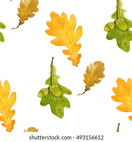 Beautiful Autumn Seamless Pattern With Oak Leaves And Acorns. Watercolour Technics