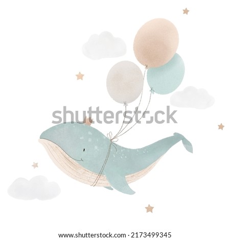 Beautiful baby clip art composition with cute watercolor flying whale and air balloons. Children stock illustration.