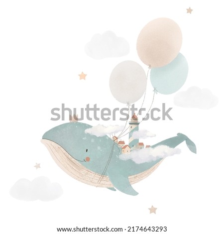Beautiful baby clip art composition with cute watercolor flying whale lighthouse and air balloons. Children stock illustration.