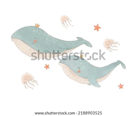 Beautiful baby clip art composition with cute watercolor whales jellyfish and stars. Children stock illustration.