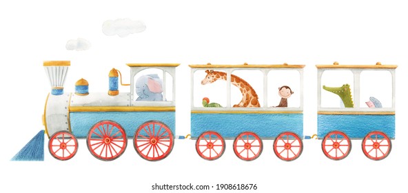 Beautiful Baby Stock Illustration With Cute Watercolor Train.