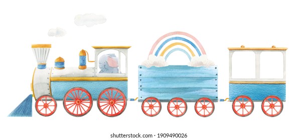 Beautiful Baby Stock Illustration With Cute Watercolor Train.