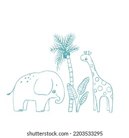 Beautiful Baby Stock Illustration With Cute Hand Drawn Safari Animals And Palm Tree. Clip Art.