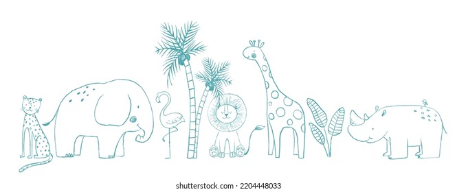 Beautiful Baby Stock Illustration With Cute Hand Drawn Safari Animals And Palm Tree. Clip Art.