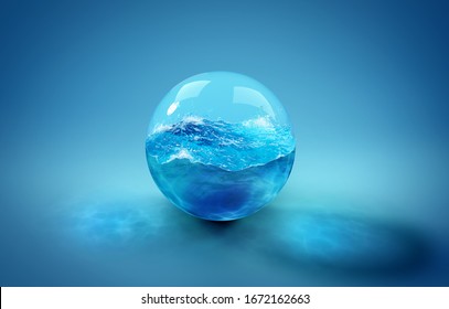 Beautiful background with a ball of water, sea and ocean. 3d illustration, 3d rendering.