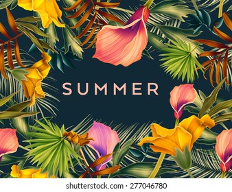 Beautiful Background With Tropical Flowers And Palm Leaves, Plant And Leaf. With Space For Any Text.