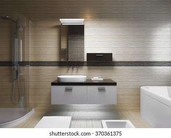 Beautiful Bathroom Interior, Evening Light. Front View On Sink Console With Mirror.  3D Render