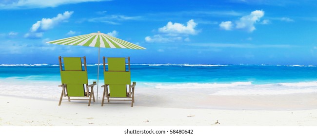 Beautiful beach with sunshade and a pair of reclining chairs with drinks - Powered by Shutterstock