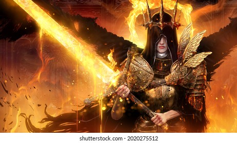 A beautiful black angel girl in a hood is equipped with plate armor, she holds a huge heavy two-handed fire sword, a large golden pointed crown on her head, she has black wings. 3D rendering