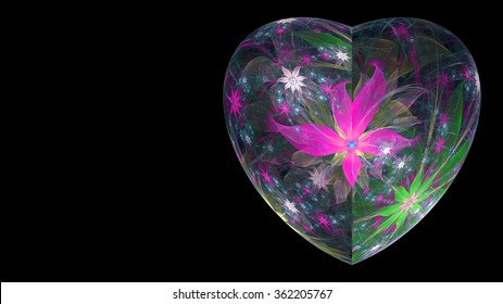 Beautiful black background with a heart with a gorgeous flower pattern on the right in glowing pink,purple,green and empty space on the left