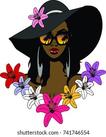 Beautiful Black Ebony Woman Beach Hat Stock Illustration 741746554