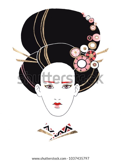 Beautiful Black Haired Woman Traditional Japanese Stock Image