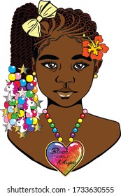 A beautiful black little girl with braids hairstyle,flower,ribbon,colorful beads unicorn,stars barrettes and glitter heart colorful beads necklace.