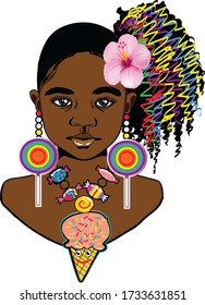 A beautiful black little girl with colorful ponytail hairstyle,flower,lollipop earrings and ice cream candy necklace.