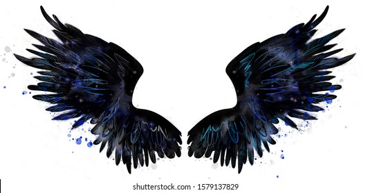 Beautiful Black Magic Raven Wings Watercolor Drawing