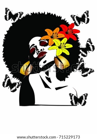 Beautiful Black Woman Afro Hairstyle Flowers Stock 