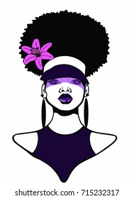 Beautiful Black woman with Afro puff  hairstyle wearing hat flower and earrings / AFRO BEAUTY WOMAN / Afrocentric beautiful woman
