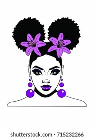 Beautiful black woman Afro puffs hairstyle flowers and earrings / MISS AFRO PUFFS / sister beauty puffs