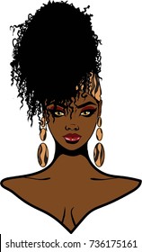 Beautiful black woman with afro wrap hairstyle and earrings / Curly Curl / miss African beauty