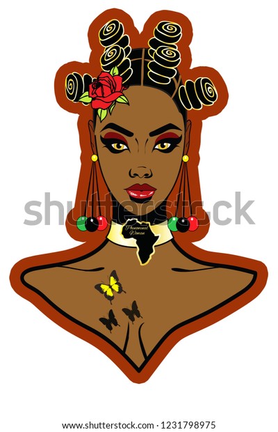 Beautiful\
black woman bantu knots hairstyle ,rose,collar african neckace\
,butterflies tattoos and stylish\
earrings.