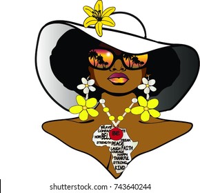 Beautiful black woman with bob hairstyle beach hat sunglasses flower earrings and African necklace /Ebony Beach Girl / beach time for some sun and fun