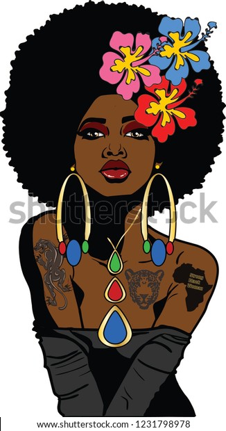 Beautiful Black Woman Large Afro Hairstylehibiscus Stock 
