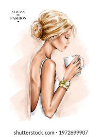 Beautiful Blond Hair Girl Profile. Fashion Girl Holding A Coffee Cup. Woman With Hair Bun. Stylish Girl. Fashion Illustration.