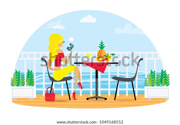 Beautiful\
blond woman. Chairs and Table on the terrace balcony in the\
restaurant. View over the sea. Water landscape. Dinner Picnic with\
fruit. Pineapple. Flower. Drink.Fence. Flat\
