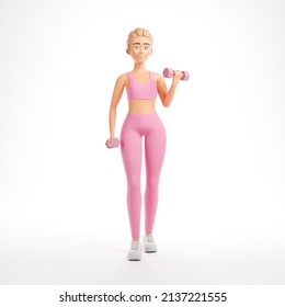 Beautiful blonde cartoon character woman pink sportswear woman doing exercises with dumbbells isolated over white background. 3d render illustration. - Powered by Shutterstock