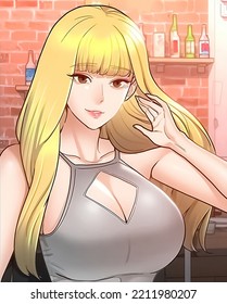 Beautiful Blonde Girl Wearing Sexy Clothes In Bar. 2D Anime Girl Art. High Quality.