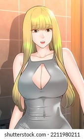 Beautiful Blonde Girl Wearing Sexy Clothes In Bar. 2D Anime Girl Art. High Quality.