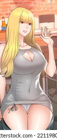 Beautiful Blonde Girl Wearing Sexy Clothes In Bar. 2D Anime Girl Art. High Quality.