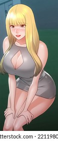 Beautiful Blonde Girl Wearing Sexy Clothes In Bar. 2D Anime Girl Art. High Quality.