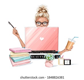 Beautiful Blonde Hair Woman Working On Laptop Computer. Pretty Girl Sitting At Table, Holding Plastic Coffee Cup And Using Pen. Table With Flowers, Planners, Clock, Pens.