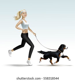 Beautiful Blonde Woman Girl Female Jogging With Dog Isolated On Background