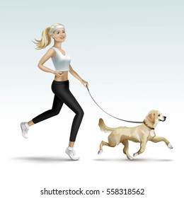 Beautiful Blonde Woman Girl Female Jogging With Dog Isolated On Background