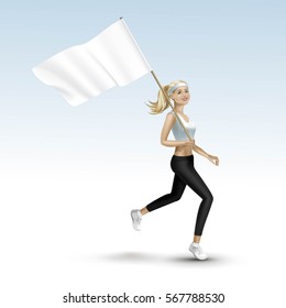 Beautiful Blonde Woman Girl Female Running Jogging With A Flag Isolated On Background