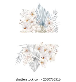 Beautiful blue floral frame with watercolor bohemian tropical twigs, dried palm leaves, pampas grass, white orhid. Boho winter frame for wedding invite, chrismas card, bridal shower, baby shower. - Powered by Shutterstock