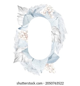 Beautiful Blue Floral Frame With Watercolor Bohemian Tropical Twigs, Dried Palm Leaves, Pampas Grass, White Orhid. Boho Winter Frame For Wedding Invite, Chrismas Card, Bridal Shower, Baby Shower.