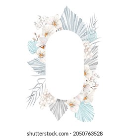 Beautiful Blue Floral Frame With Watercolor Bohemian Tropical Twigs, Dried Palm Leaves, Pampas Grass, White Orhid. Boho Winter Frame For Wedding Invite, Chrismas Card, Bridal Shower, Baby Shower.