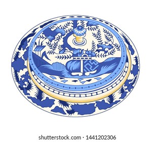 A Beautiful Blue And White Chines Chinoiserie Plate 4 Framed Print.