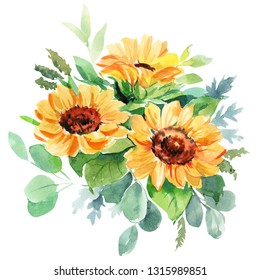 beautiful bouquet of flowers with sunflowers and eucalyptus, watercolor illustration, hand drawing, sketch