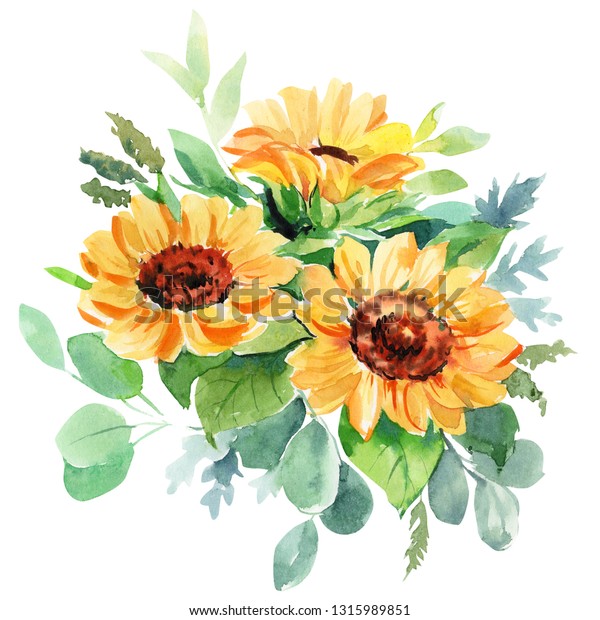 Beautiful Bouquet Flowers Sunflowers Eucalyptus Watercolor Stock Illustration 1315989851