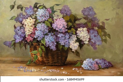 beautiful bouquet of lilacs in a wicker basket,fine art, oil painting, blooming lilac, beautiful, still life, spring, flowers,craft, profession