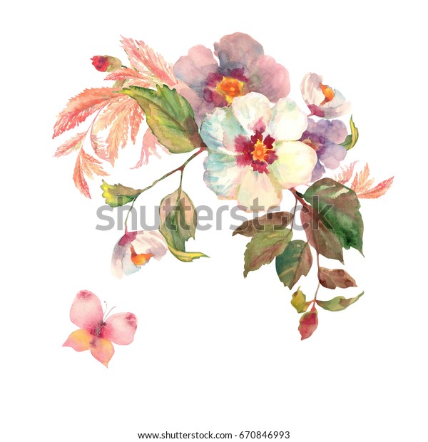 白いバラの花と蝶 花柄の花束の美しいブーケ 白い背景に水彩手描きのイラスト のイラスト素材