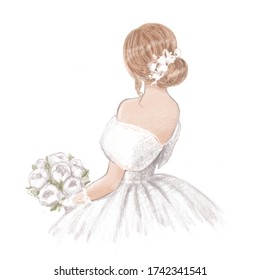 Beautiful bride with a bouquet of peonies. Hand drawn illustration in classic vintage style - Powered by Shutterstock